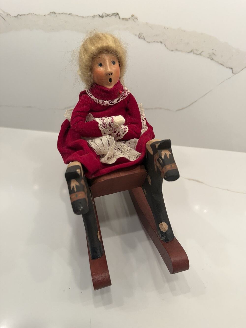 Byers’ Choice 1990 Girl on Rocking Horse Caroler Red Dress Wooden Figurine USA